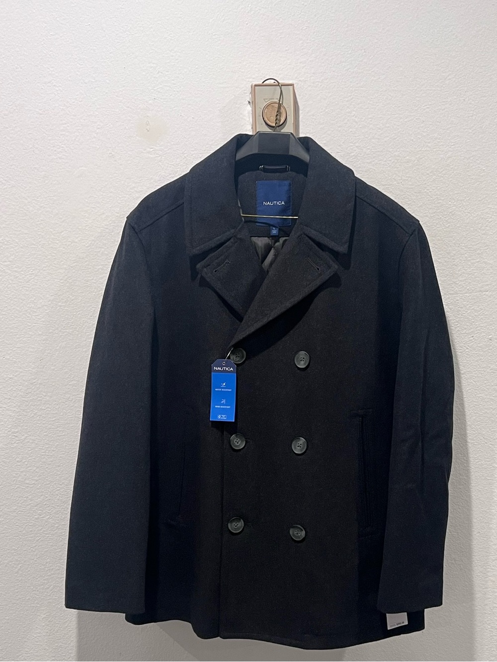 NWT Nautica Men Classic Double Breasted Wool Pea Coat Charcoal Size Large